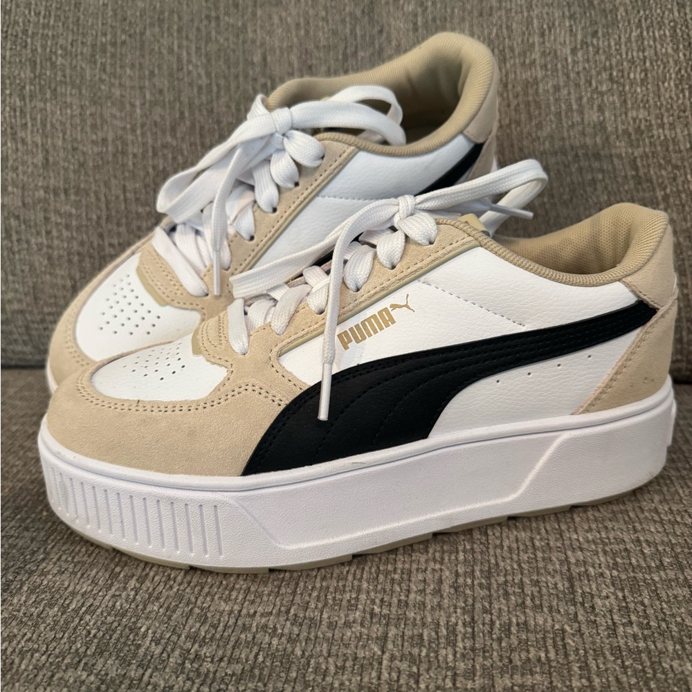 Puma White and Beige Platform Sneakers with Black Stripe